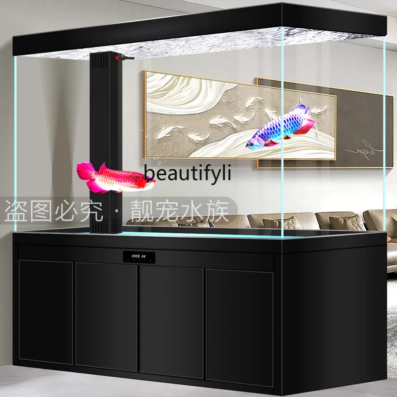 Большой аквариум с изображением дракона в гостиной от пола до потолка