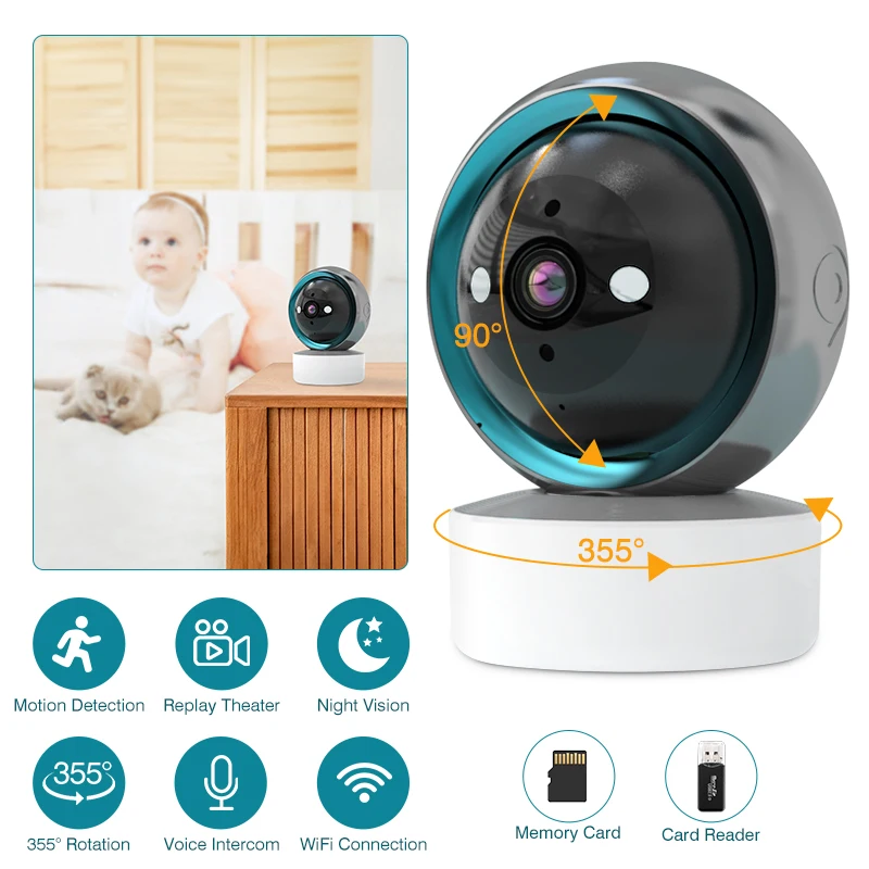 Мини-камера видеонаблюдения с Wi-Fi, 1080P, поворот на 360 °