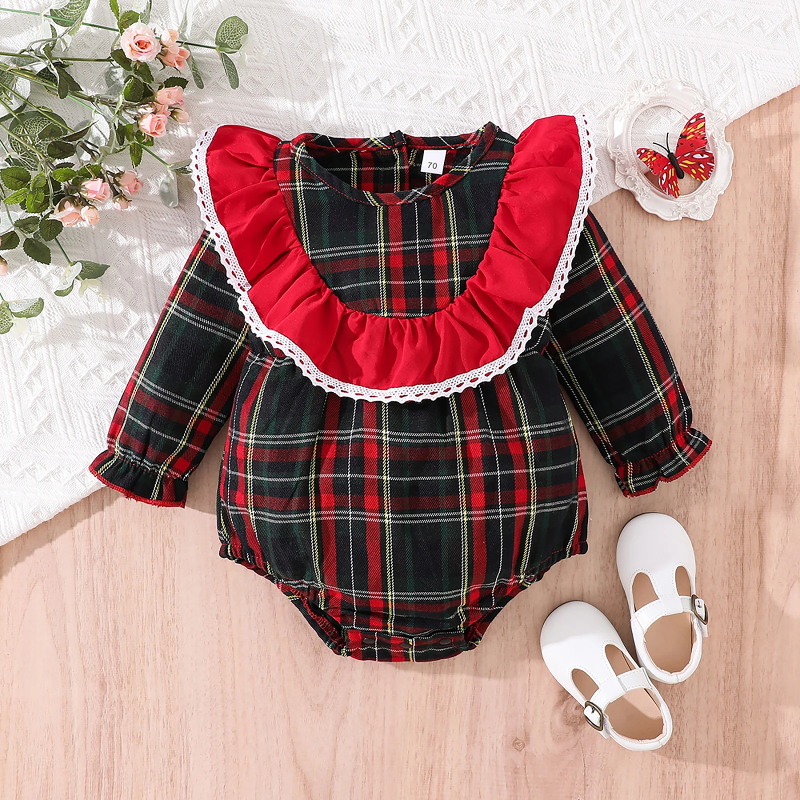 

Baby Girls Christmas Romper Dress Set Long Sleeve Crew Neck Snow Letters Tulle Patchwork A-line Dress + Headband