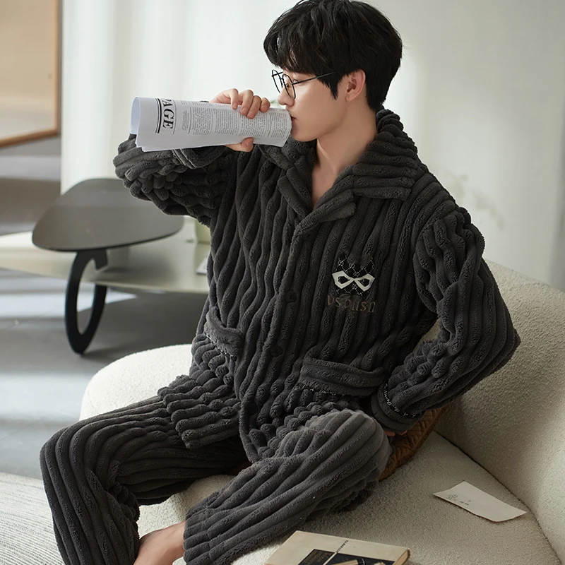 QUHENG Autumn Flannel Men's 2022 Winter Thicken Warm Pajamas Sets Male Long Sleeve Trousers Nightgown Sleepwear Home Clothing