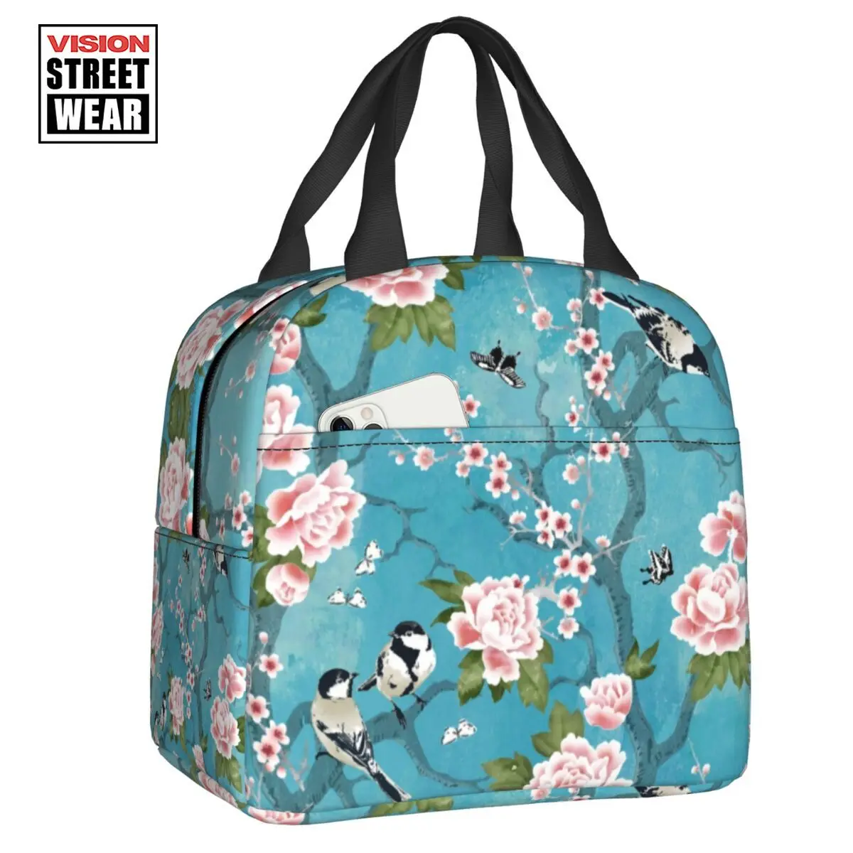 

2023 New Chinoiserie Birds Floral Insulated Lunch Bag Peony Sakura Flowers Cherry Lunch Tote For School Office Outdoor Food Box