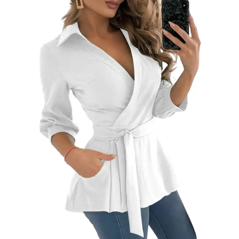 

Fashionable Printed Shirt Geometric Print Office Lady Shirt Stylish V-neck Slim Fit Long Sleeve with Belt Pockets for Women