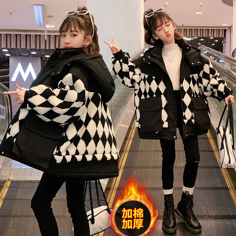 

Хлопковое пальто для девочек 2022, зимняя клетчатая Модная хлопковая куртка для девочек, Корейская версия, сохраняющее тепло пальто для девоч...