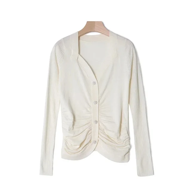 

Square Collar Women Pleated Sweater Spring 2022 new Long Sleeve Single Breasted Jumper Temperament Solid Color Knit Cardigan