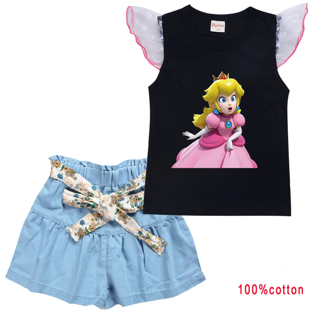 

Summer princess peach Suits 2pcs Casual T Shirts+Short Pants Sets For 2-16Yrs Old Children Cartoon Costume Outfits