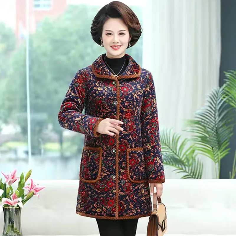 New Print Plus Velvet Thickened Women Winter Coat Middle Aged Mother's Padded Jacket Mid-Length Grandma Cotton Parkas 2XL-5XL