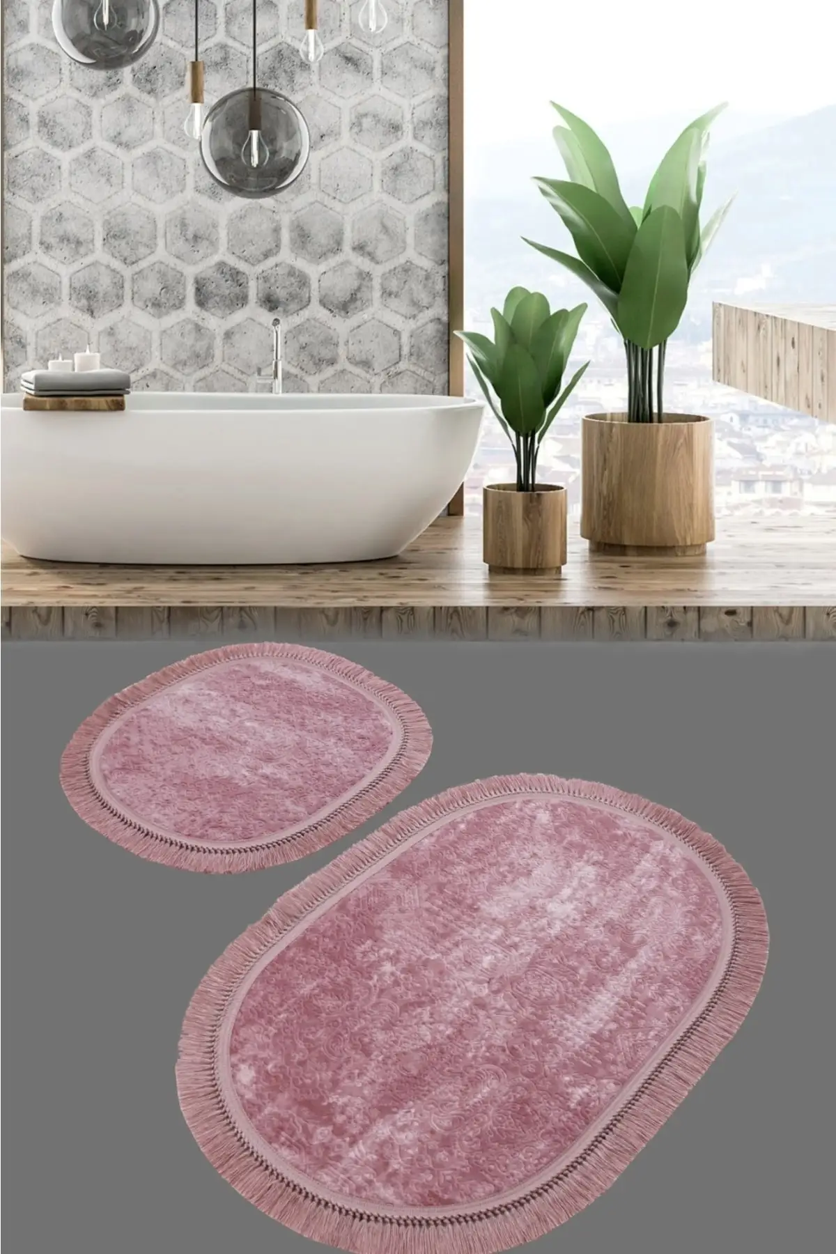 Bath Mat Doormat Cotton Non-Slip Base Oval Fringed 2 Li Toilet Seat Pad (Color Rose, 60x100cm) 2'li (60 X100)+(50 X60)