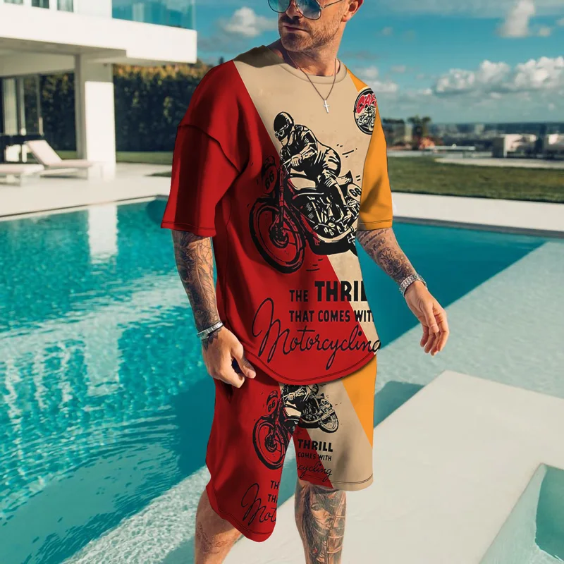 

New Summer Trend Men Suit Casual Shorts Top Oversized O-Neck Tee+2 Piece Set Of Pants 2022 Retro Locomotive Pattern Streetwear