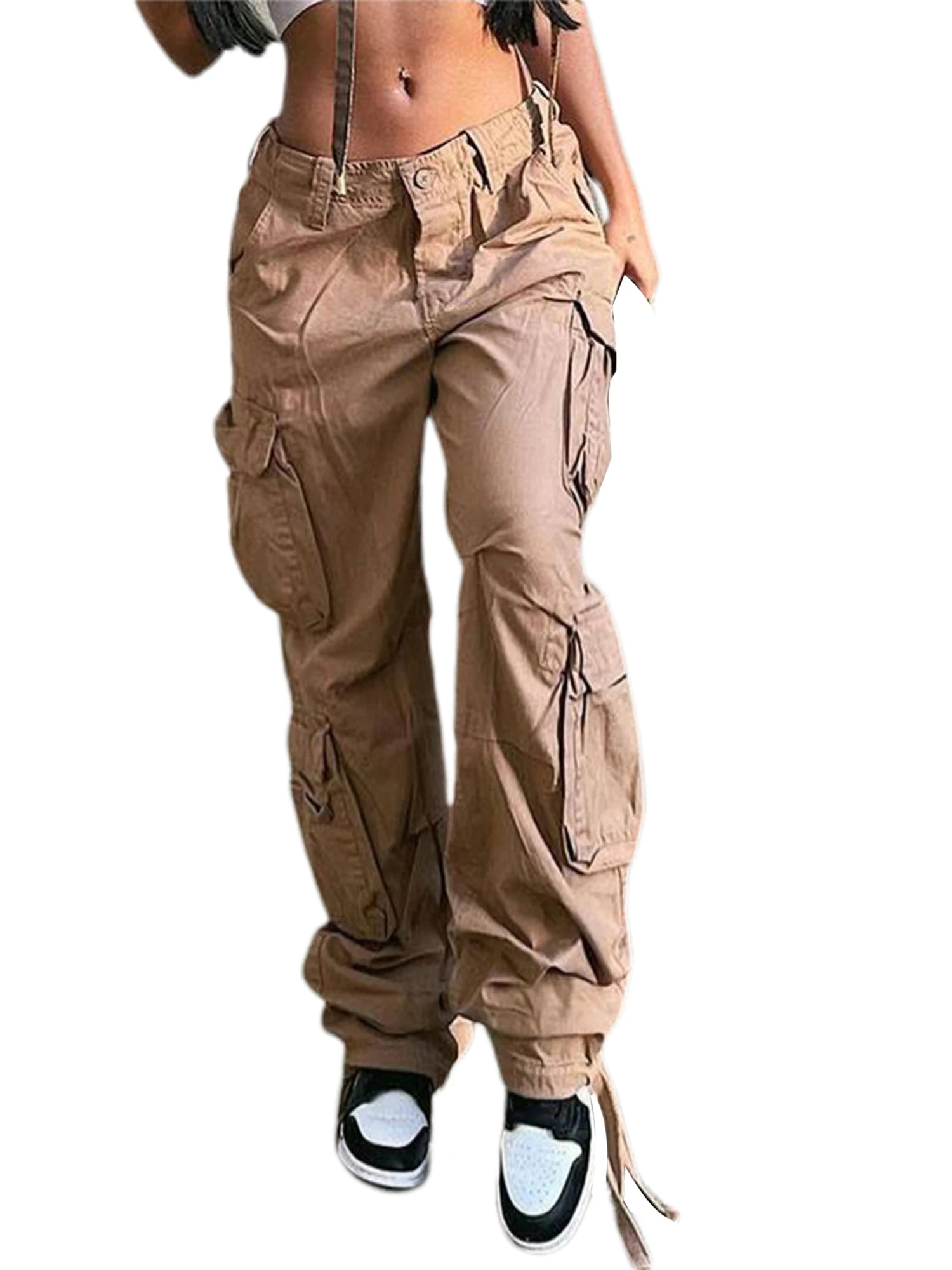 

Womens Cargo Pants Baggy High Waist Straight Leg Joggers Trousers with Flap Pockets Y2K Fashion Jeans Streetwear