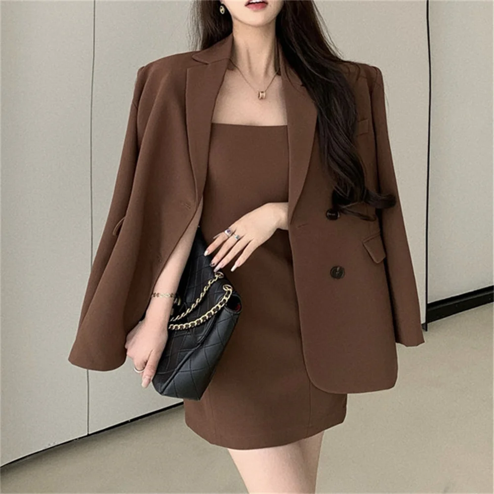 2022 New Women's High-quality Two-piece Fashion Slim Brown Suit Jacket Casual Elegant Overalls Autumn Suspender Mini Dress