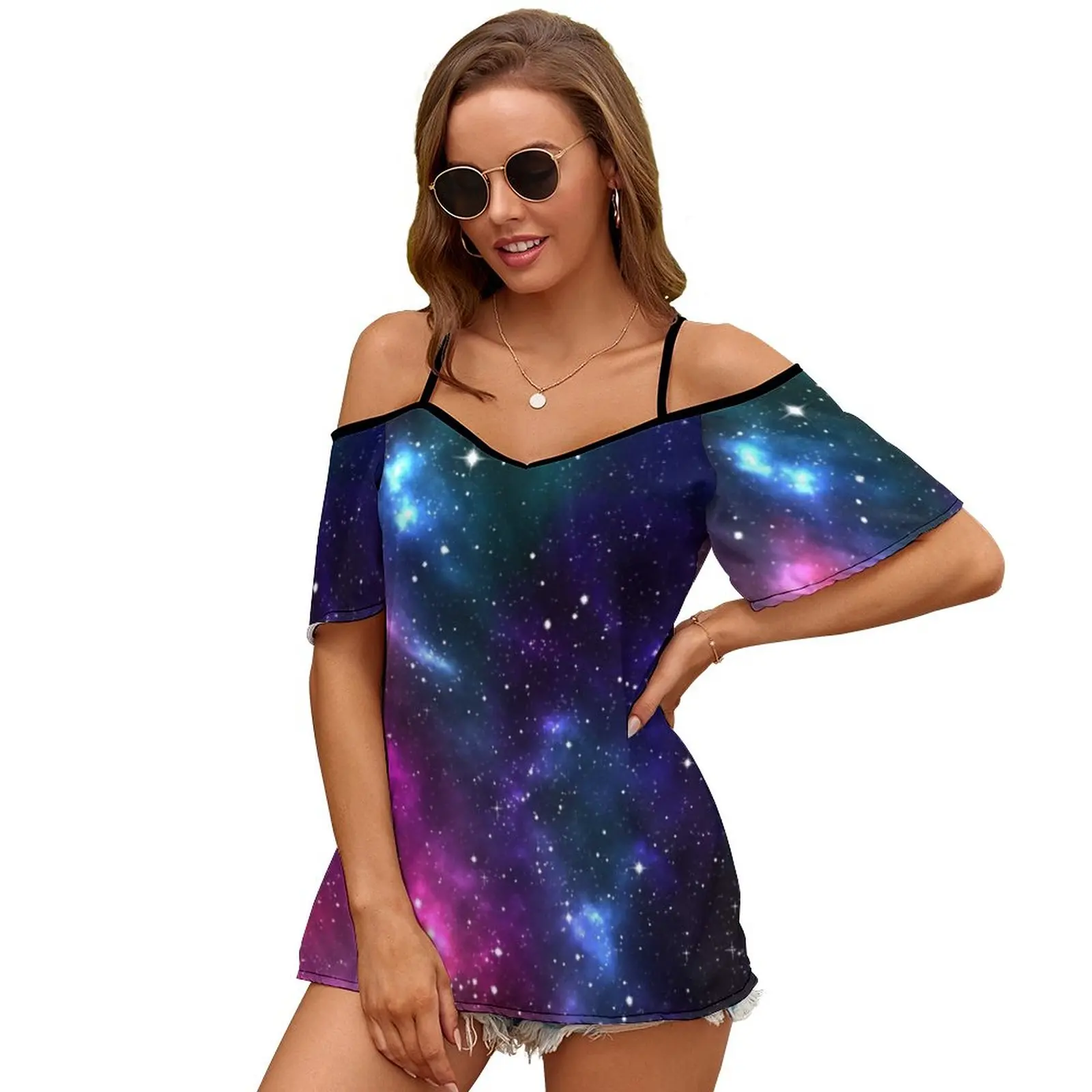 

2201 Women Print T Shirt Casual Off Shoulder Loose Pullover Tops Fashion Clothes Stars Space Outer Space Galaxy Nebulous Nebula