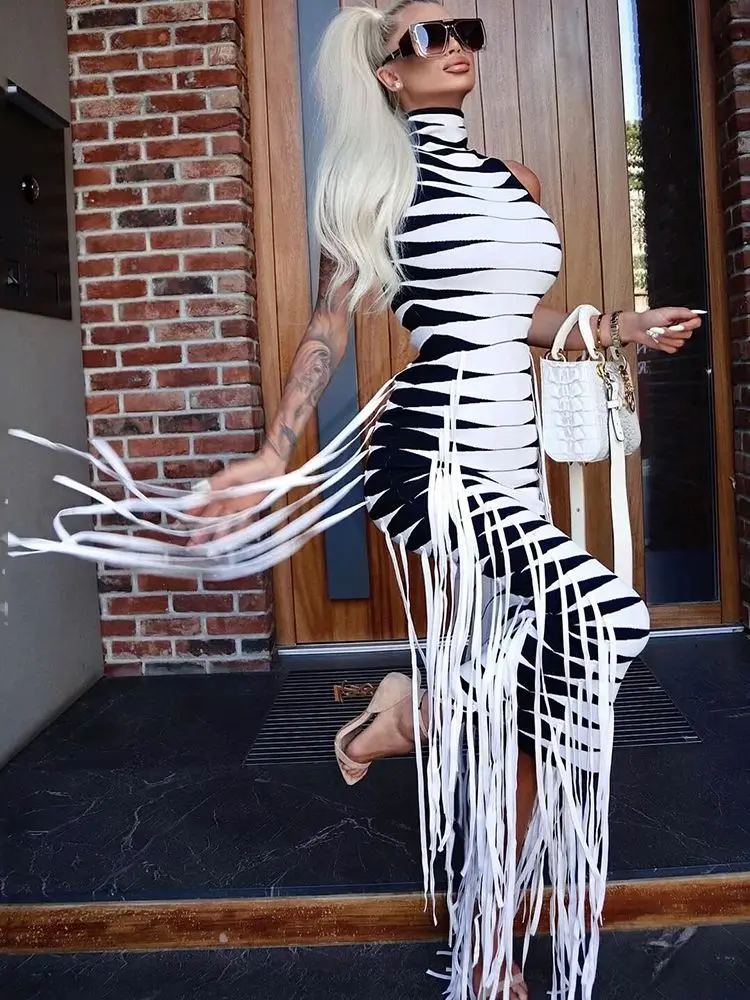

2022 Summer New Women'S Sleeveless O-Neck Striped Patchwork Tassel Long Bandage Dress Bodycon Club Party Runway Evening Dress
