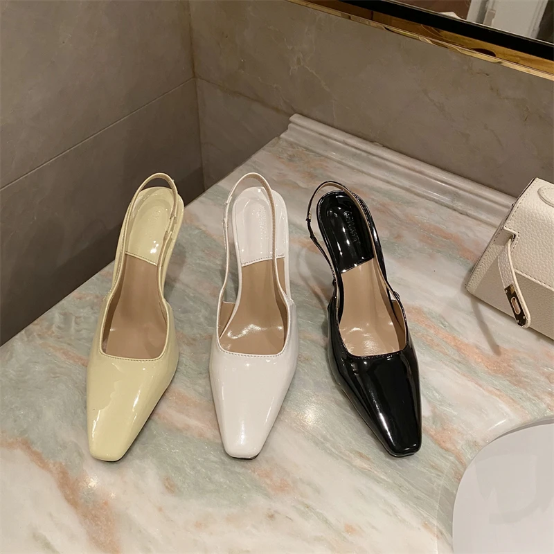 Купи Summer Pointed Elastic Belt Slingback High Heels Patent Leather Women Sandals Elegant Dress Shoes Solid Color Simple Work Shoes за 2,102 рублей в магазине AliExpress