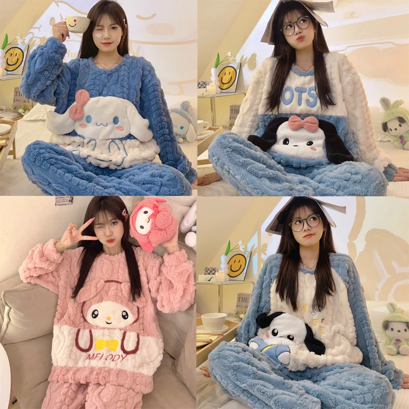

Sanrios Cinnamoroll Pochacco My Melody Flannel Pajamas Winter Girls Pullover Round Neck Cartoon Plush Warm Kawaii Home Clothes