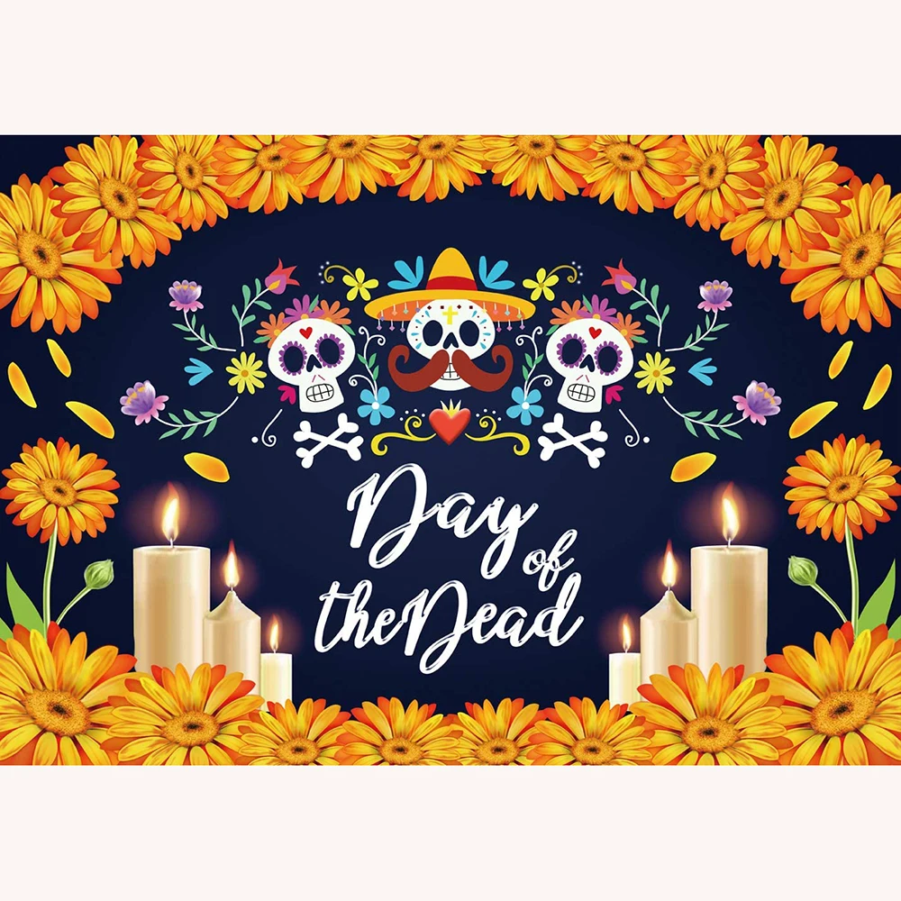 

Day of The Dead Backdrop Mexican Sugar Skull Flower Photo Backdrop Fabric Dia de Los Muertos Party Cake Table Banner Photo Booth