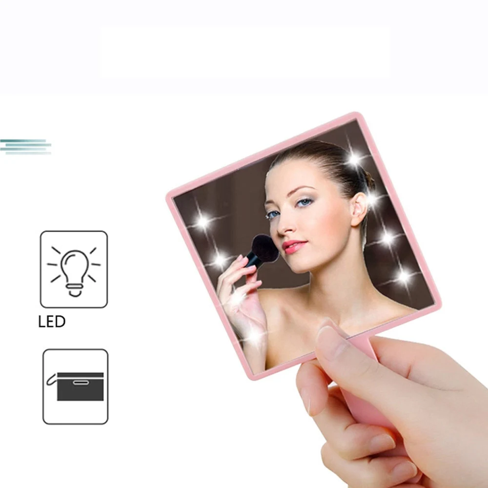 

LED Light Makeup Mirror with 8 LED Beads Handheld Small Square Cosmetic Mirror Gift for Woman Portable Travel Compact Mirror