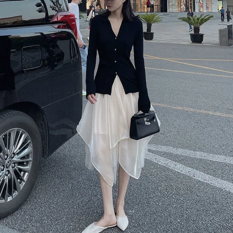 Korean Fashion All-match Asymmetrical Mesh Skirt 2022 Summer New Elegant Office Lady Commute High Waist A-Line Voile Midi Skirts