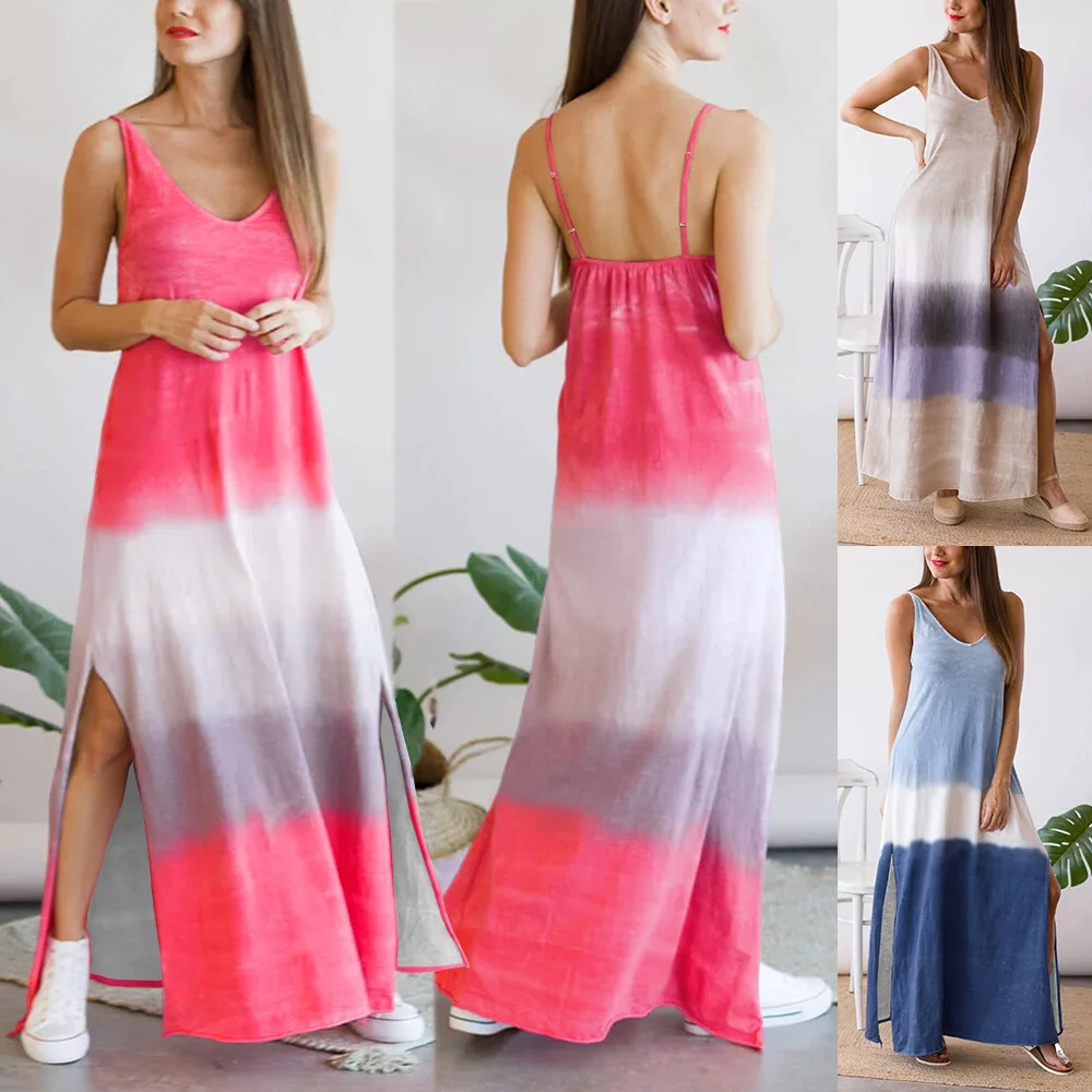 

2022 Summer New High-End Atmospheric V-Neck Halter Belt Bohemian Sexy Slit Halter Gradual Change Explosive Beach Party Dress 065