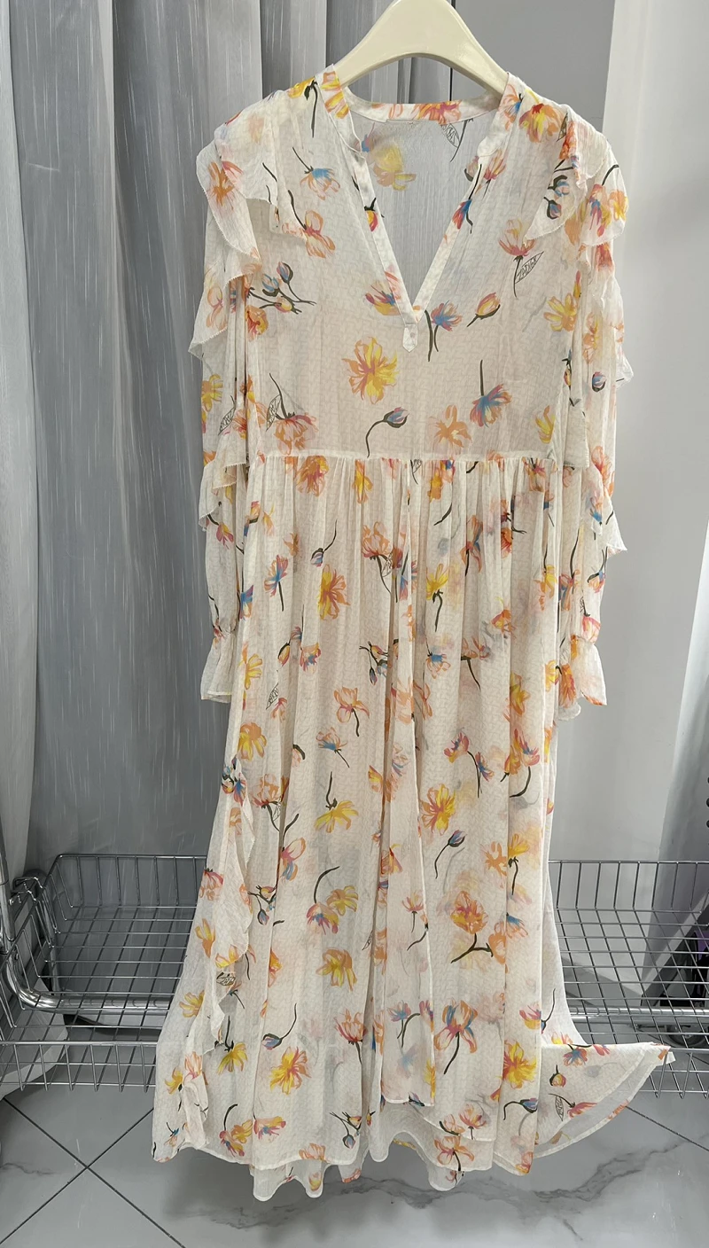 2023 Spring and Summer New Long-sleeved Loose Ruffled Floral Chiffon Women Long Dress