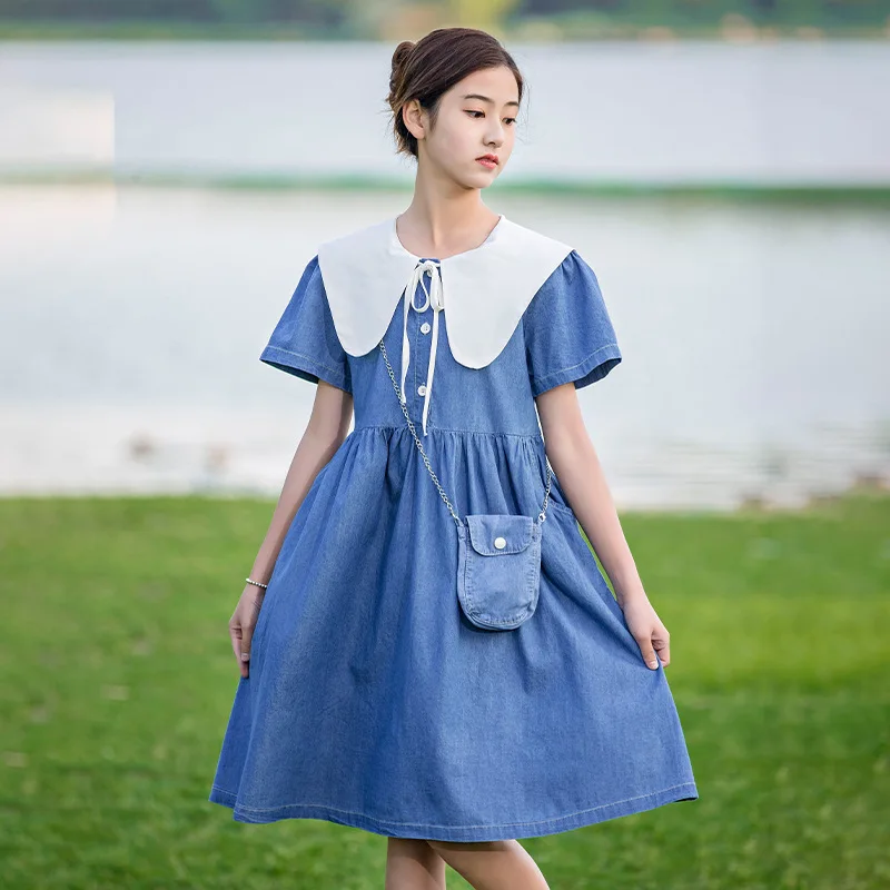 

Summer Dresses for Girls 2023 Japanese Denim Dress Peter Pan Collar Kawaii Short Sleeve Princess Dress Clothes 5 To 14 Years Old