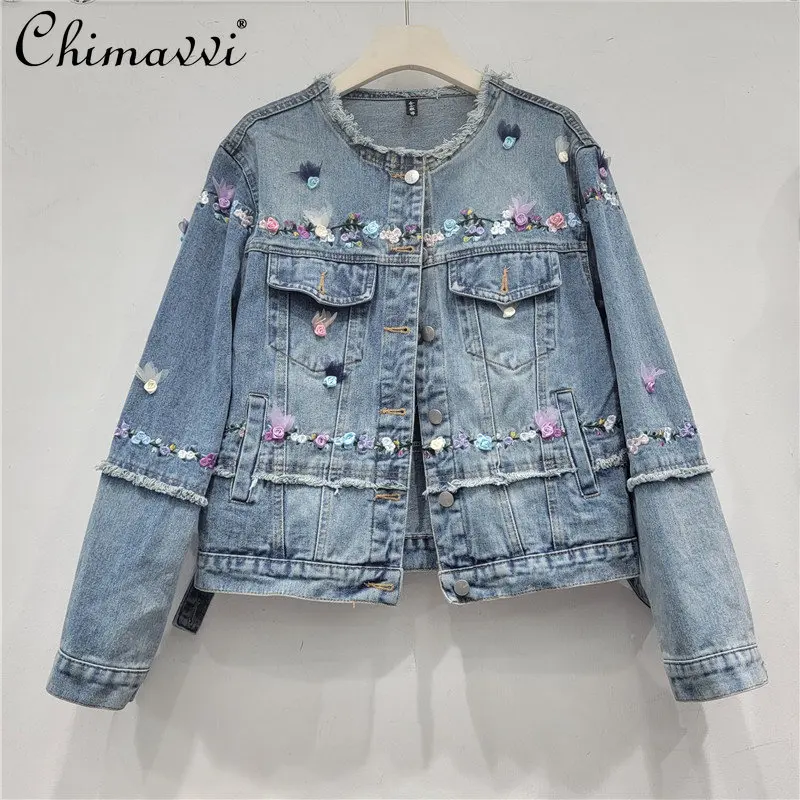

Denim Jacket Women's Short European 2023 Spring Clothes New Fashion Long-sleeve Jackets Embroidered Flowers Jean Coat Women Tops