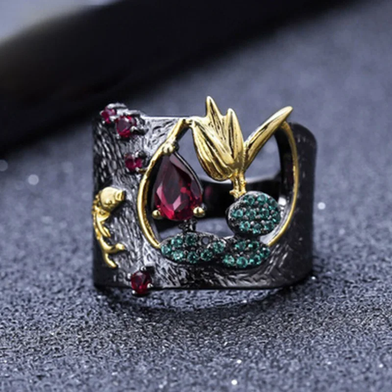 

Trendy Hollow Two-tone Water Droplets Zircon Rings For Women Engagement Popular FemaleJewelry BLue Pomegranate