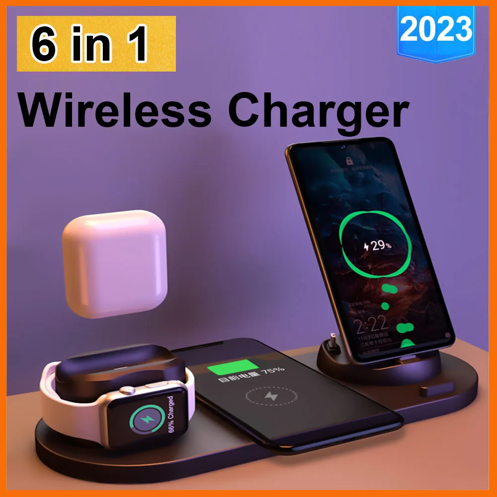 

6 in 1 Wireless Charger Dock Station for iPhone/Android/Type-C USB Phones 10W Fast Charging For Apple Watch 8 AirPods 3 Pro