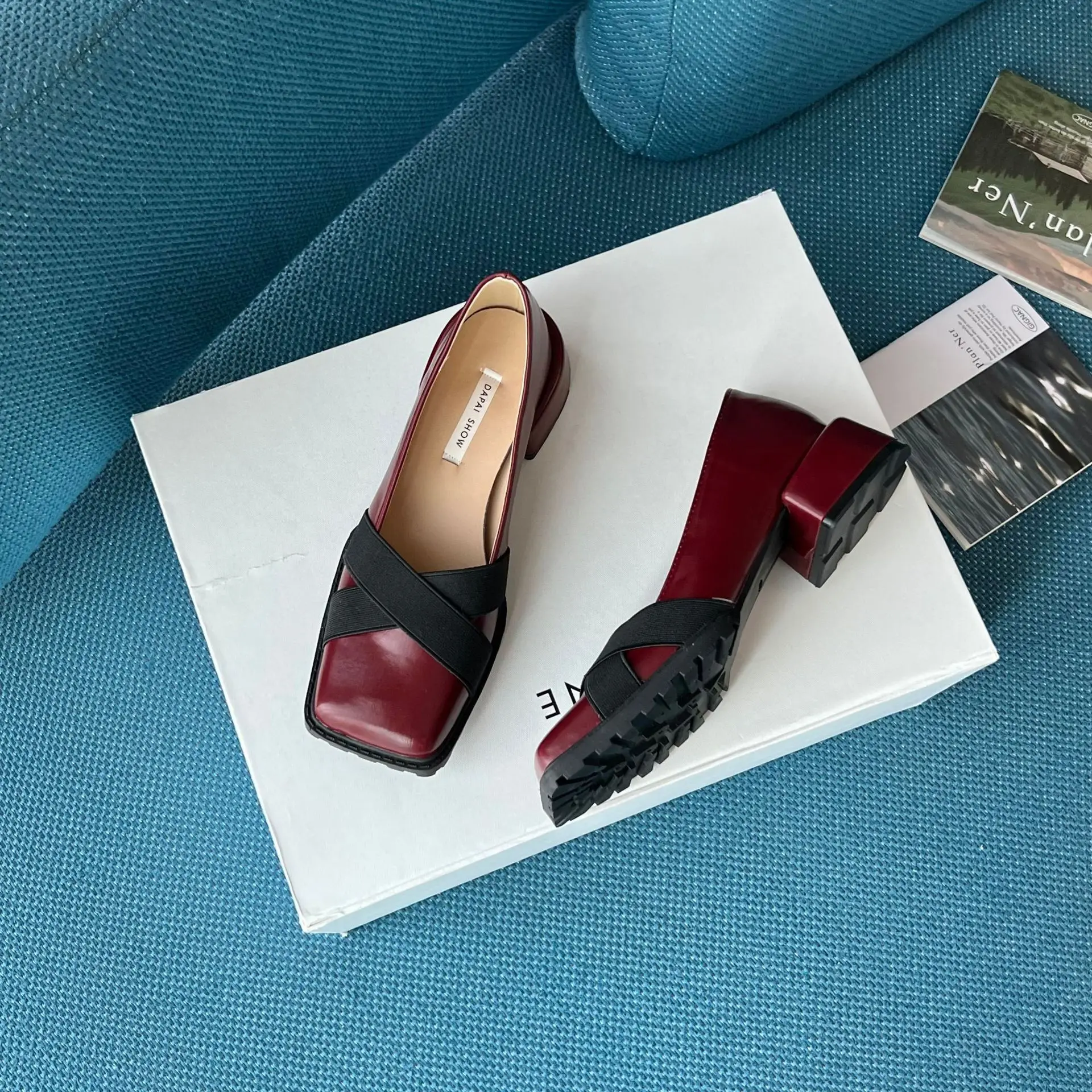 FAFA 2023 New Bowknot Shallow Mouth Thick Heel Single Shoes Women's Commuting Square Toe Elastic Belt Low Heel Shoes Women Shoes