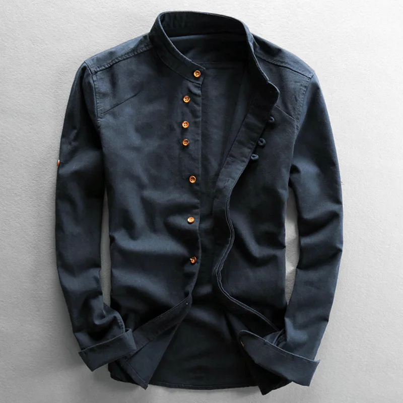 

Рубашка мужская с воротником-стойкой, однотонная Повседневная приталенная классическая, из хлопка и льна, с длинными рукавами, в японском стиле, весна-осень