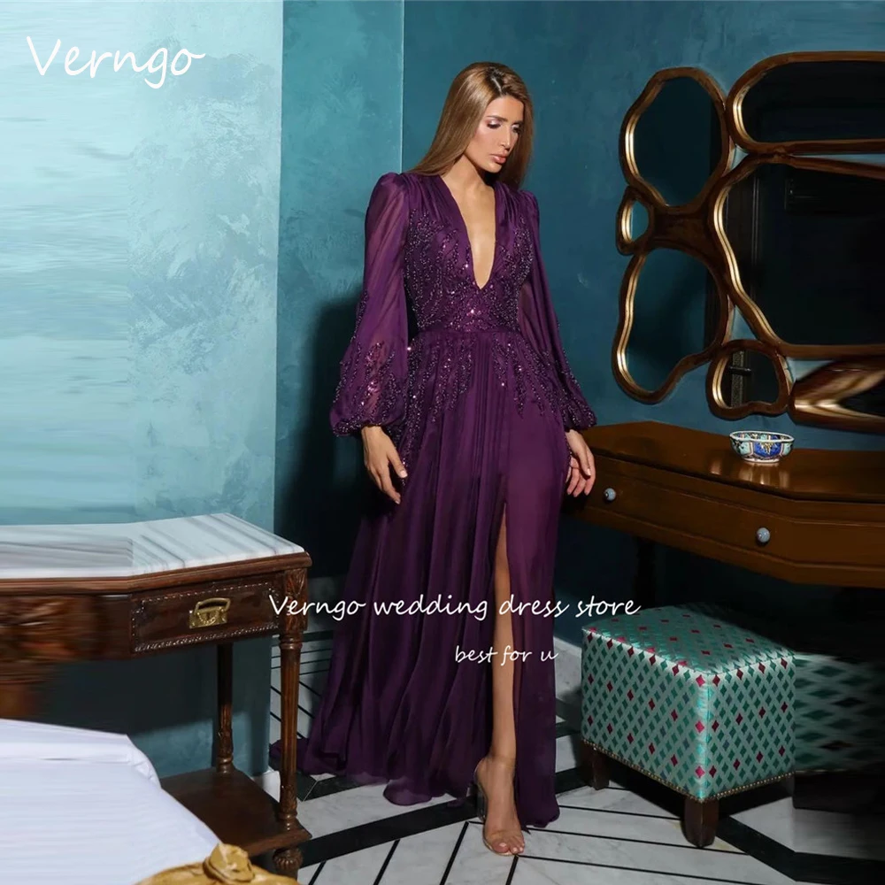 

Verngo Elegant Grape Purple Silk Chiffon Evening Dresses Shiny Beads Embroidery Split V Neck Prom Gowns Formal Occasion Dress