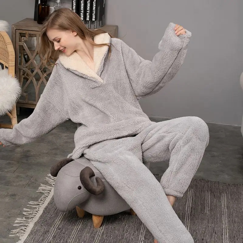 Winter Women's Flannel Pajama Suit Warm Thickening Oversize Korean Fashion Sleep Top Loose Plush for Warmth