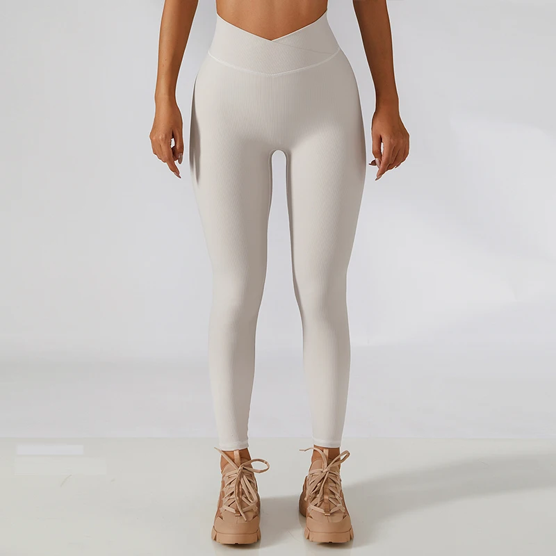 Ribbed Seamless Breathable Cross Yoga Leggings Gym High Waist Sports Leggings Women Elasticity Fitness Running Hip Lift Pants