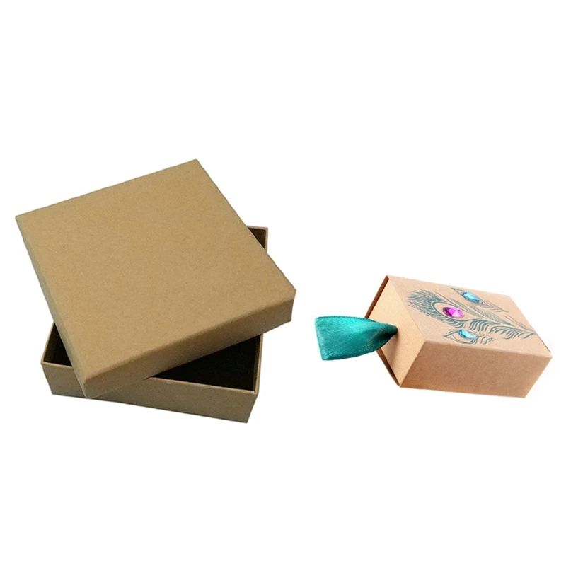

16 Pcs Kraft Cardboard Jewelry Box, 9 X 9 X 3Cm & 25 Pcs Peacock Feather Candy Drawer Box Gift Box-FS-PHFU