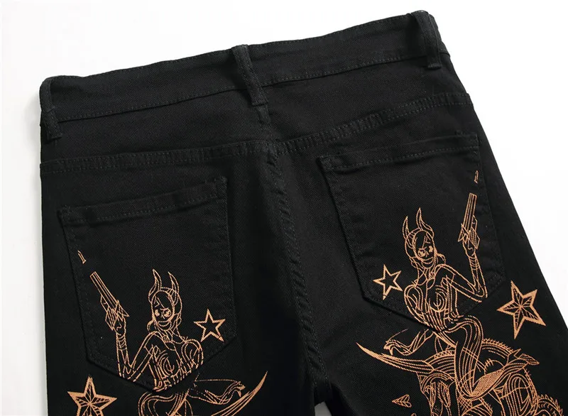 Men's Slim 3D Print Jeans Fashion Sexy Beauty Flag Skull Painted Black Stretch Denim Pants for Men