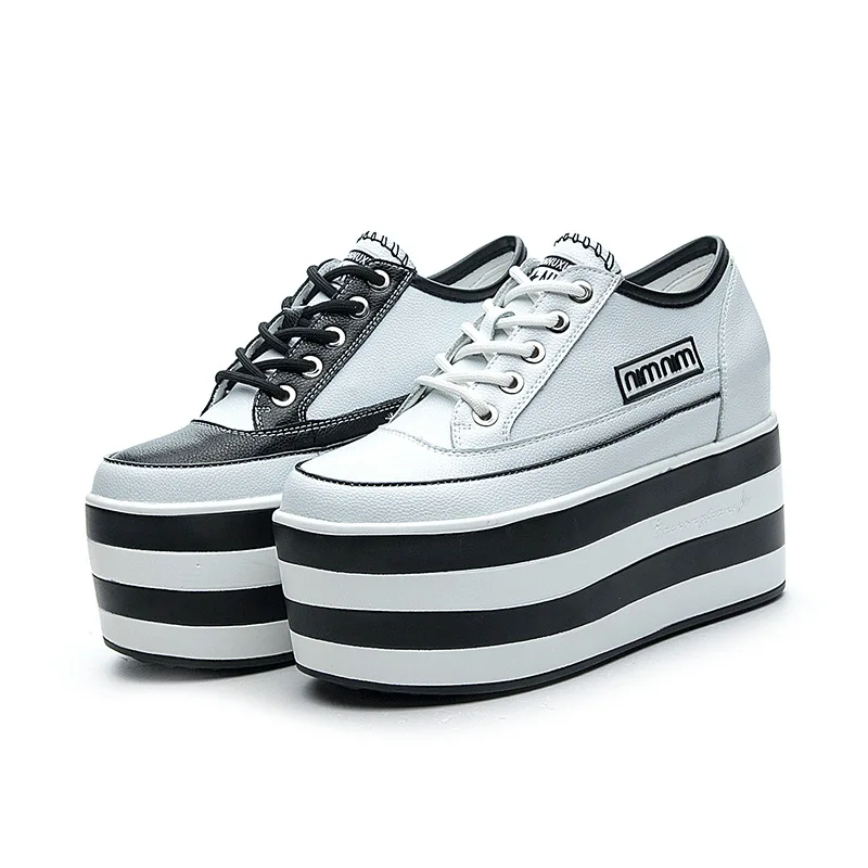 New Women Shoes 12cm Genuine Leather Platform Wedge Sneakers Chunky Hidden Heel High Women Casual Shoes Spring Summer Loafers