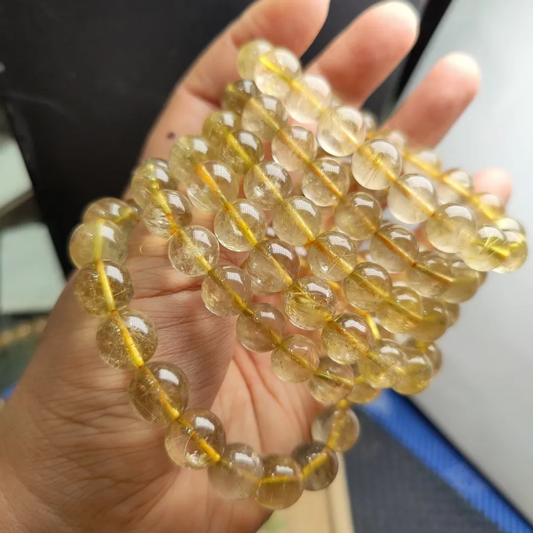 

Natural Quartz Rutilated Bracelet Women Healing Gemstone Jewelry 12mm Hair Crystal Beads Elastic Beaded Lucky Amulet Bracelets