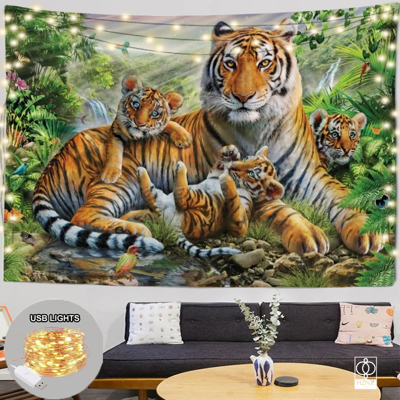 

Forest Tiger Pattern Tapestry with Lights Living Room Tapestry Bedroom Background Wall Hanging Tapestry Bedside Art Decoration