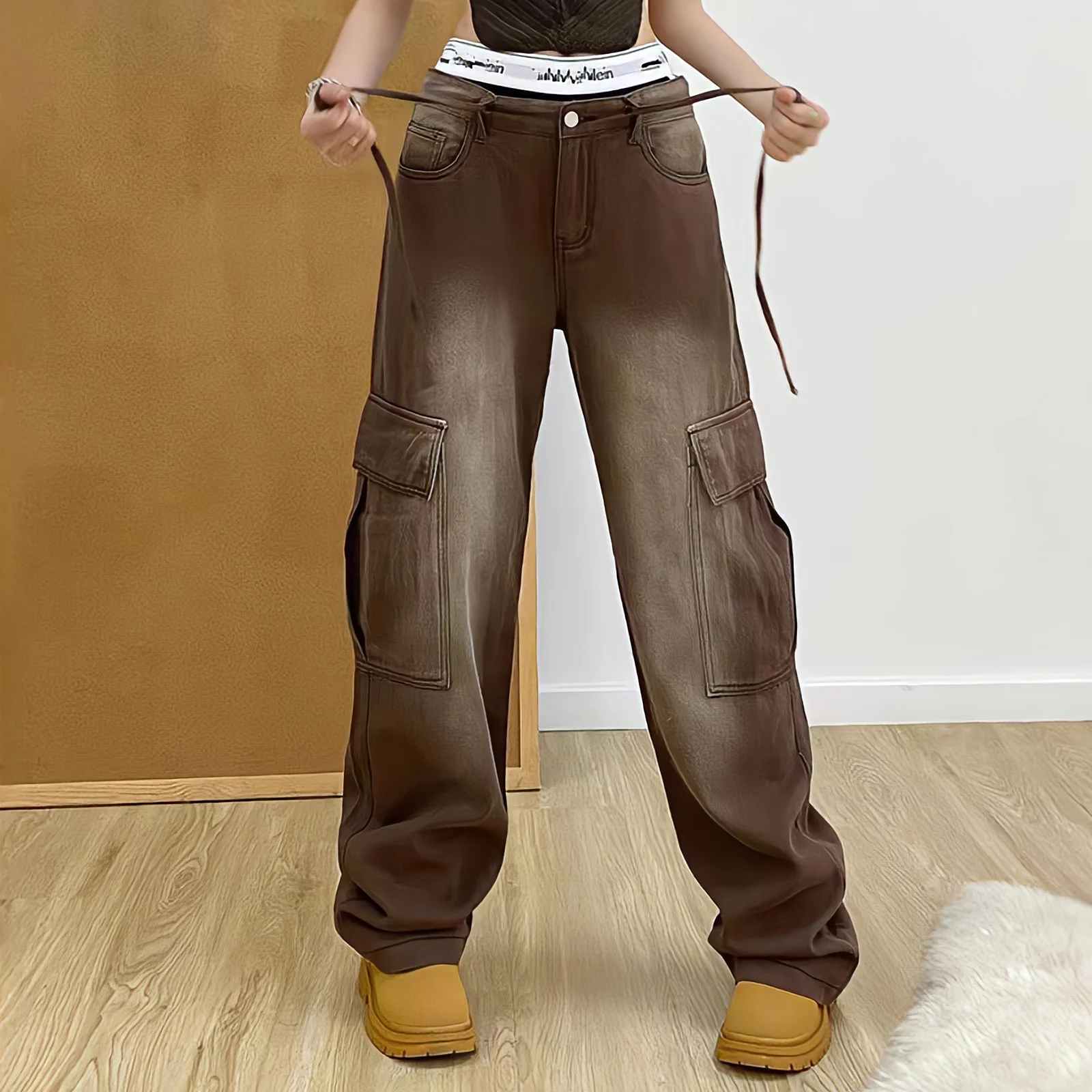 

Брюки-карго женские с заниженной талией, уличная одежда в стиле оверсайз, винтажные мешковатые джинсы с карманами 90-х, модные шикарные прямые штаны, Y2k