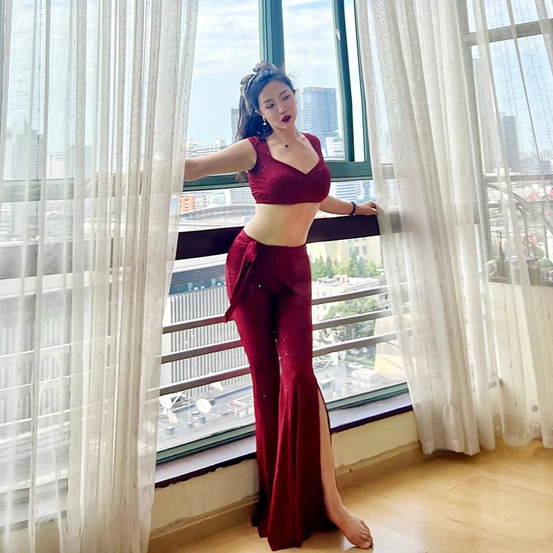 

Belly Dance Practice Suit 2022 Practice Trousers Silver Big Swing Pants Middle Eastern Style Wine Beginner Practice Suit