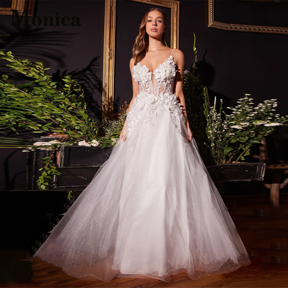 

MONICA Attractive Lace Up Wedding Gown For Bride Spaghetti Straps Beading Appliques Bling A-LINE Court Train Backless Tulle