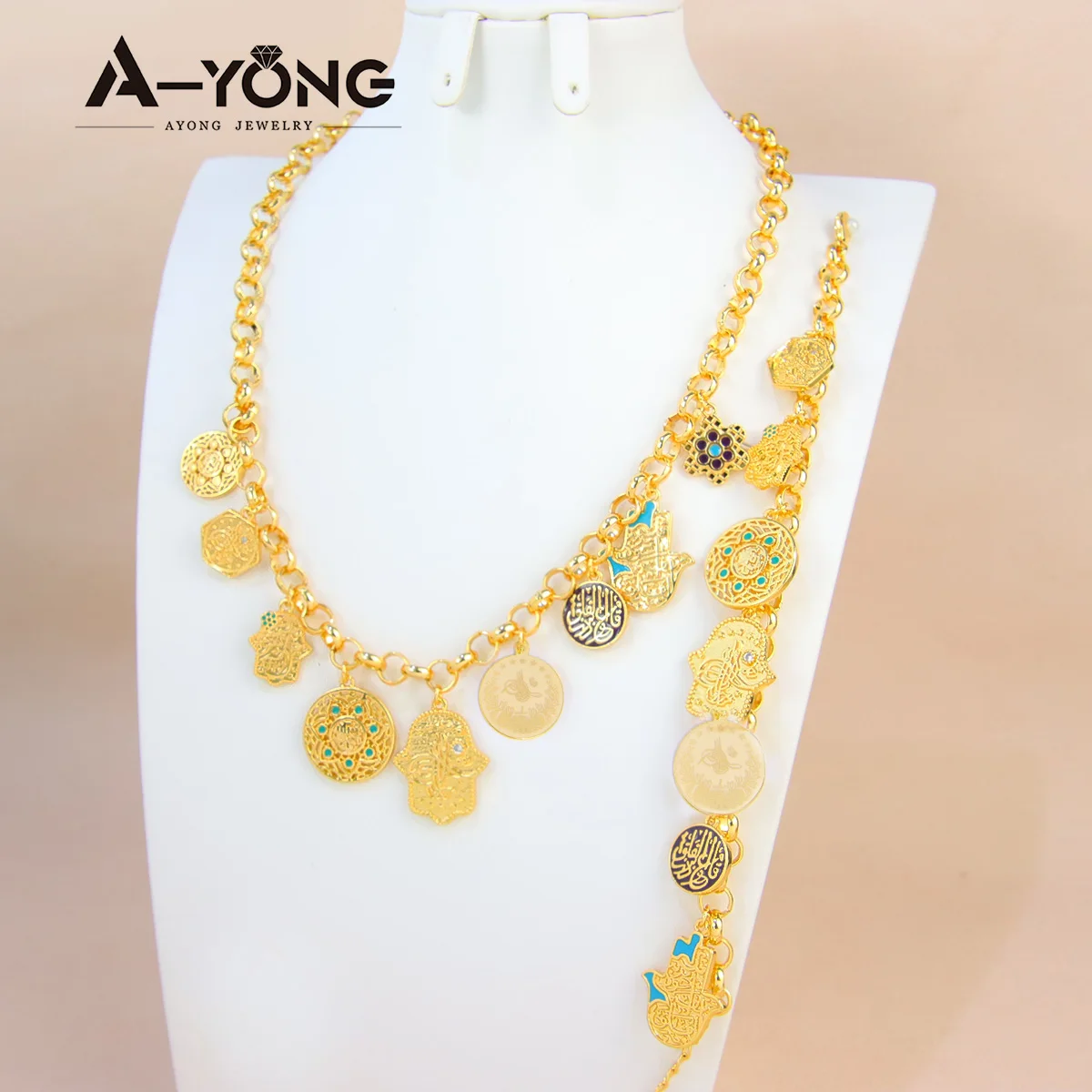 

Arab Punk Coin Jewelry Set 21k Gold Plated Dubai Middle East African Bridal Necklace Bracelet Sets Turkish Party Accessories