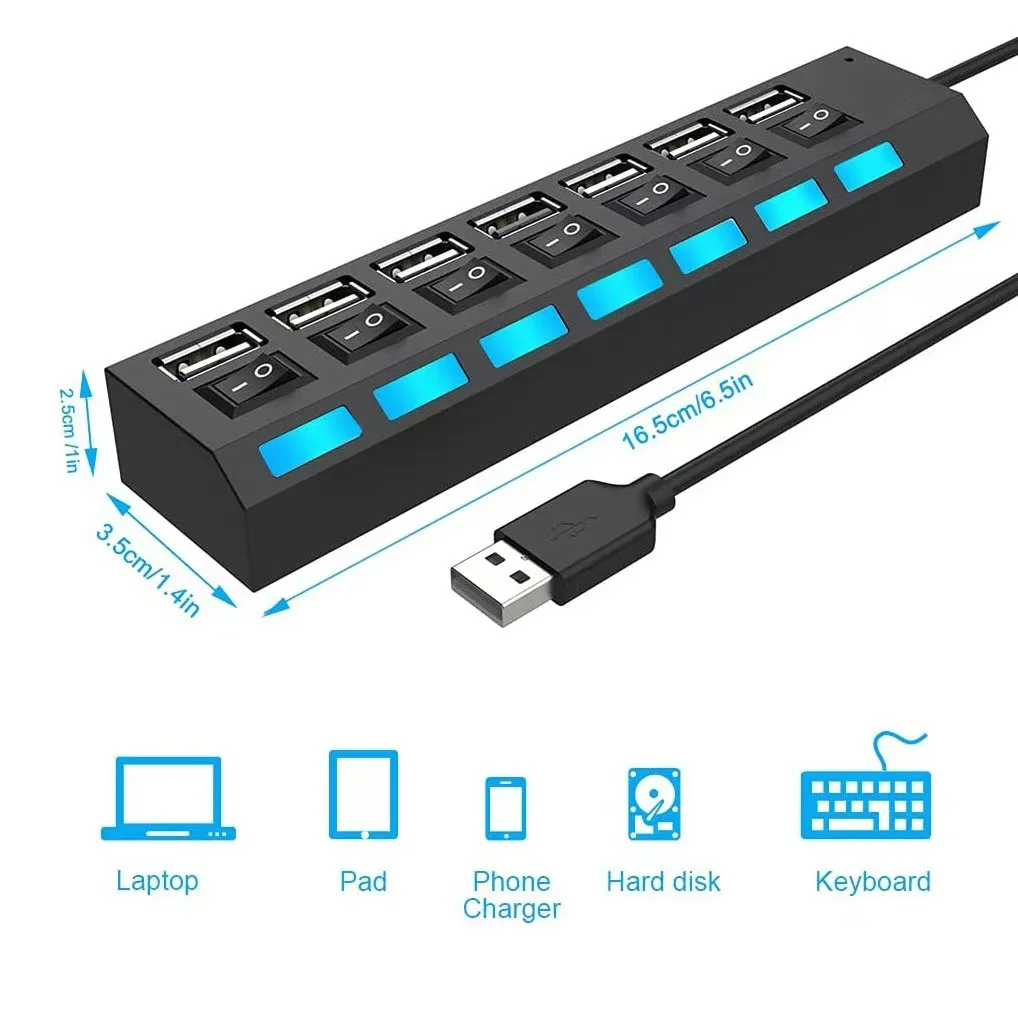 Новый 7-портовый высокоскоростной USB-хаб 480 Мбитс USB 2.0 с переключателем включениявыключения, USB-разветвитель для ПК, ноутбуков, зарядки iPhone 67 (art.: 3920dbde8495a) - 3920dbde8495a