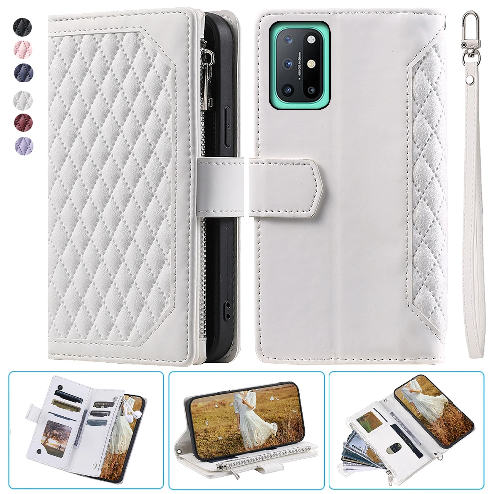 

For OnePlus 8T Fashion Small Fragrance Zipper Wallet Leather Case Flip Cover Multi Card Slots Cover Folio with Wrist Strap