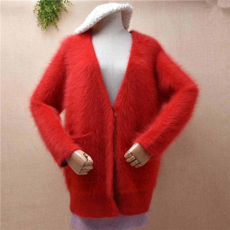 

Ladies Women Fall Winter Thick Warm Hairy Mink Cashmere Knitwear Inside V-Neck Loose Cardigan Angora Fur Coat Sweater Jacket Top