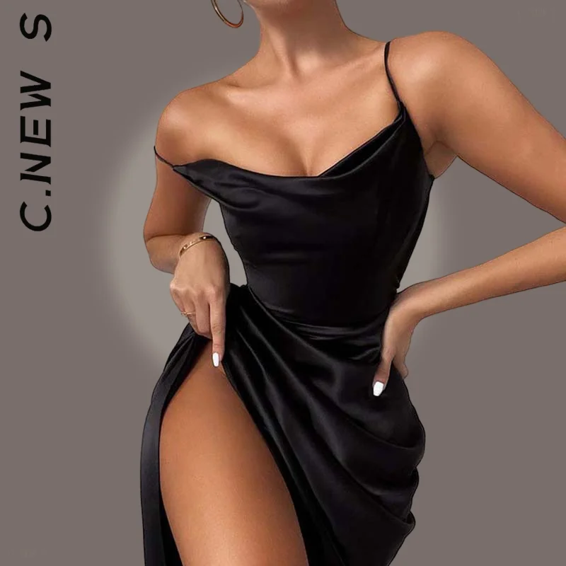 

Ruched Spaghetti Straps Party Sexy Dress Women Sleeveless Backless Sexy Mini Dress Black Elegant Sexy Side Split Vestidos