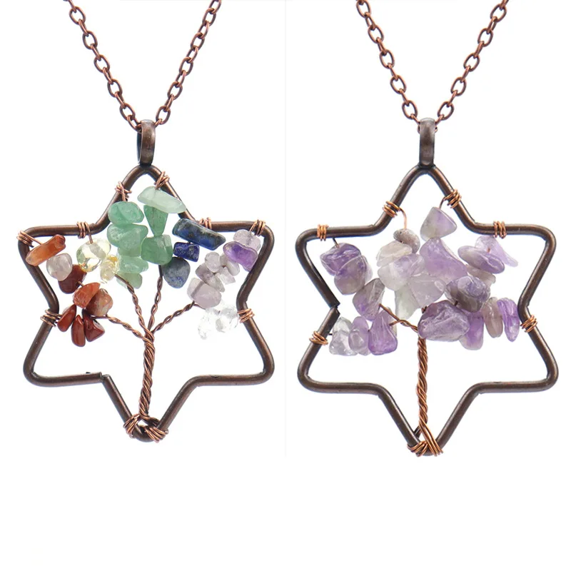 

10pcs Retro 5cm Hexagram Star Natural Stone Tree of Life Pendant 7 Chakra Agates Crystal Handmade Rose Quartz Necklace for Women