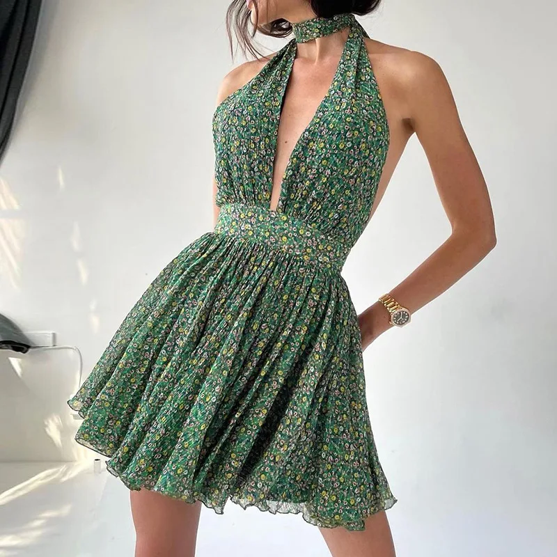 

Women Lace-up Sexy Deep V-neck Slim Floral Printed Vacation Dress 2023 Summer Fashion Pleated Backles Boho Style Mini Dresses