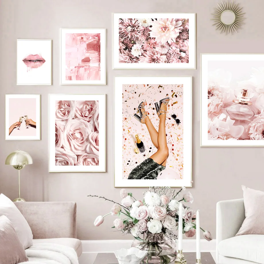 

Nordic Poster Pink Scent Lips Orchid Roses Party Champagne Toast Wall Art Print Canvas Painting Pictures For Living Room Decor