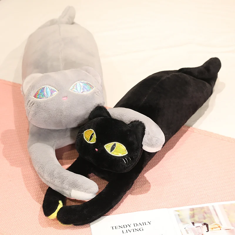 

70-115CM New Lying Cat Plush Toys Soft Black Gray Kitty Stuffed Long Pillow Cushion For Kids Boys Birthfay Gifts