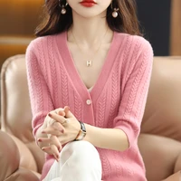 new spring and autumn mid sleeve knitted sweater womens solid color v neck outer wear foreign style top cardigan